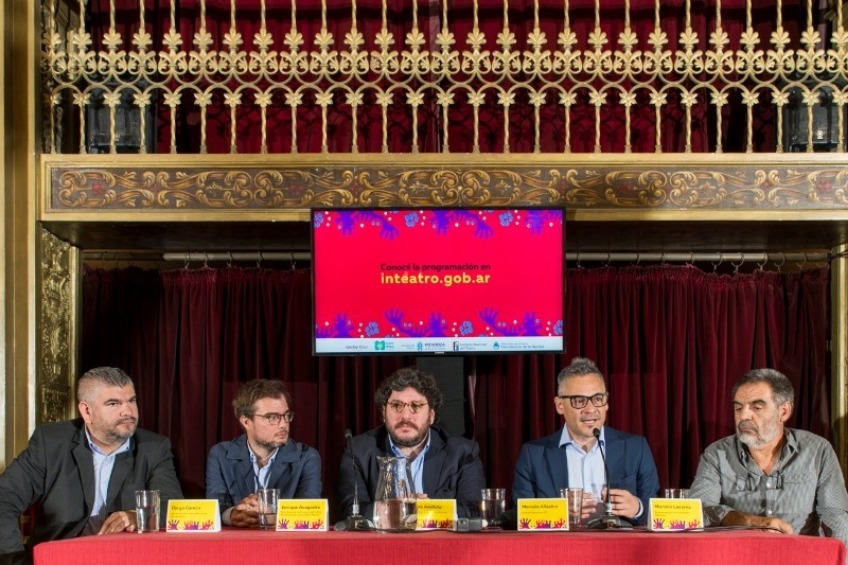 Diego Gareca, Enrique Avogadro, Pablo Avelluto, Marcelo Allasino y Marcelo Lacerna, en el acto de lanzamiento de la 32 Fiesta Nacional del Teatro.